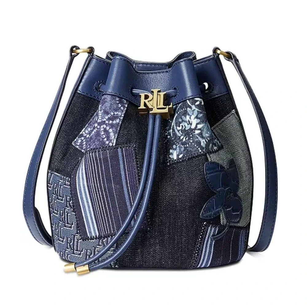 Lauren Ralph Lauren Denim Patchwork Andie Butterfly Bucket Bag Blue Gold NW $295